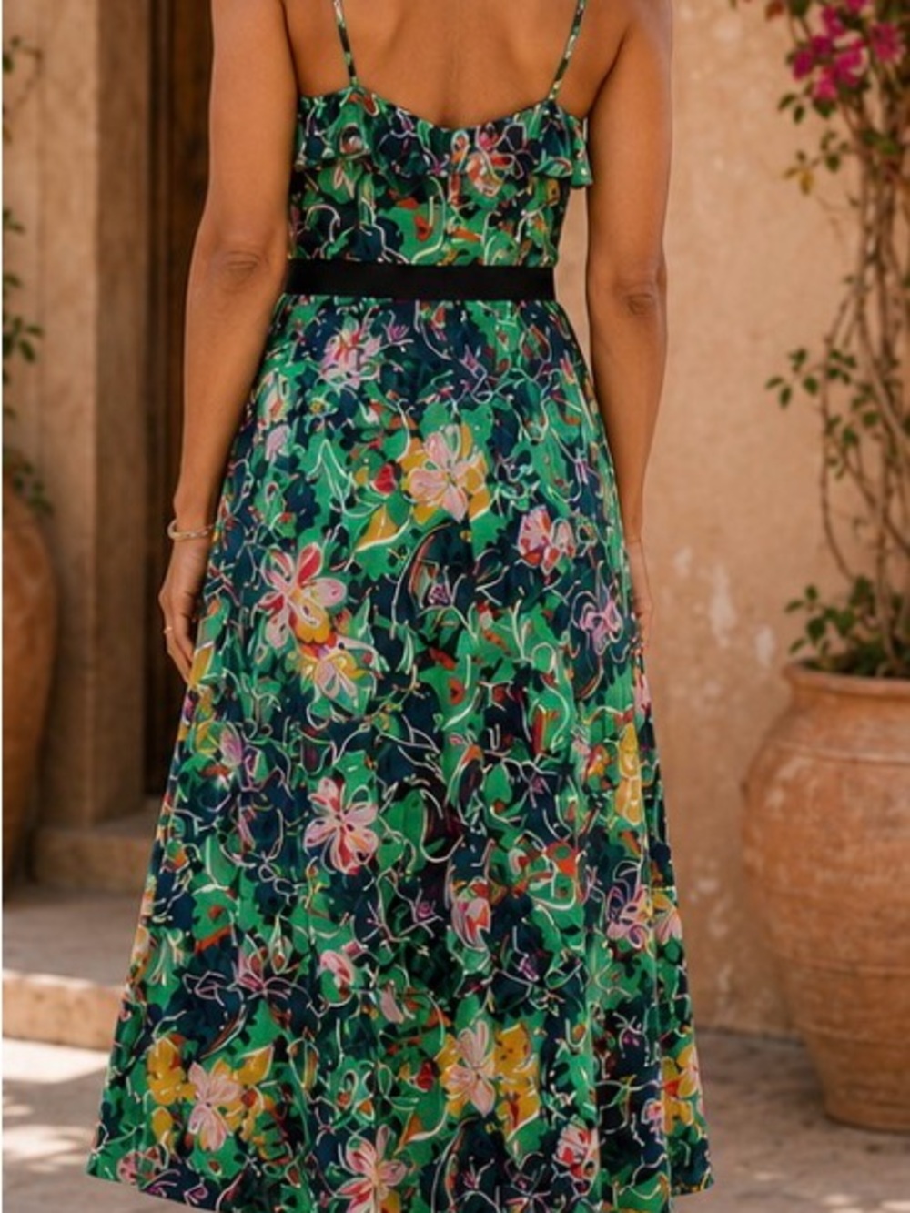 SALONI Green Floral V-Neck Midi Dress with Black Waistband Sz 8 - Picture 2 of 3
